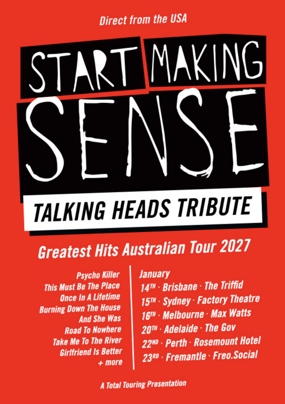 Red tour poster for Start Making Sense Talking Heads Tribute Greatest Hits Australian Tour 2027 featuring January concert dates.